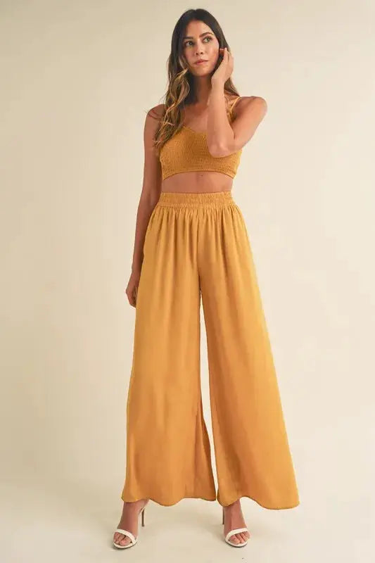 Smocked Bralette Crop Top & Wide-Leg Pants Set | MABLE by Trendsi