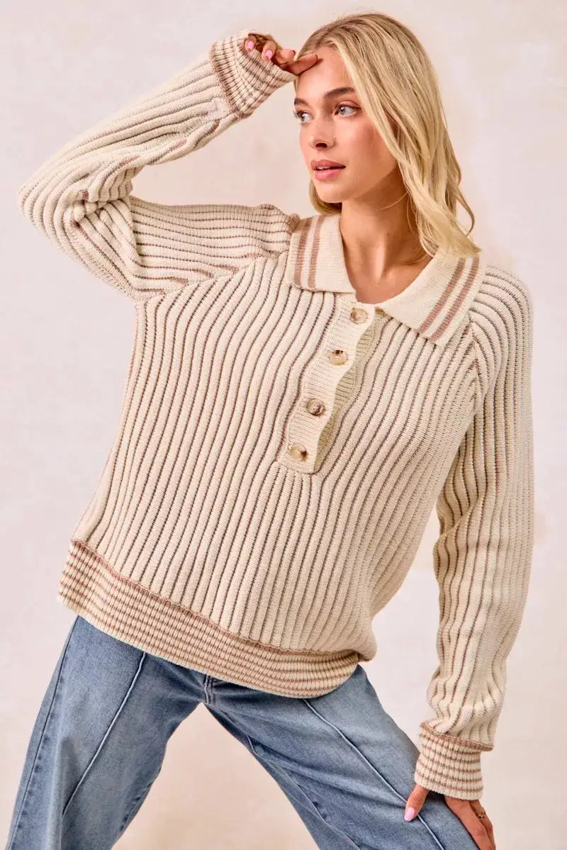 Half Button Ribbed Two Tone Sweater | BiBi by Trendsi