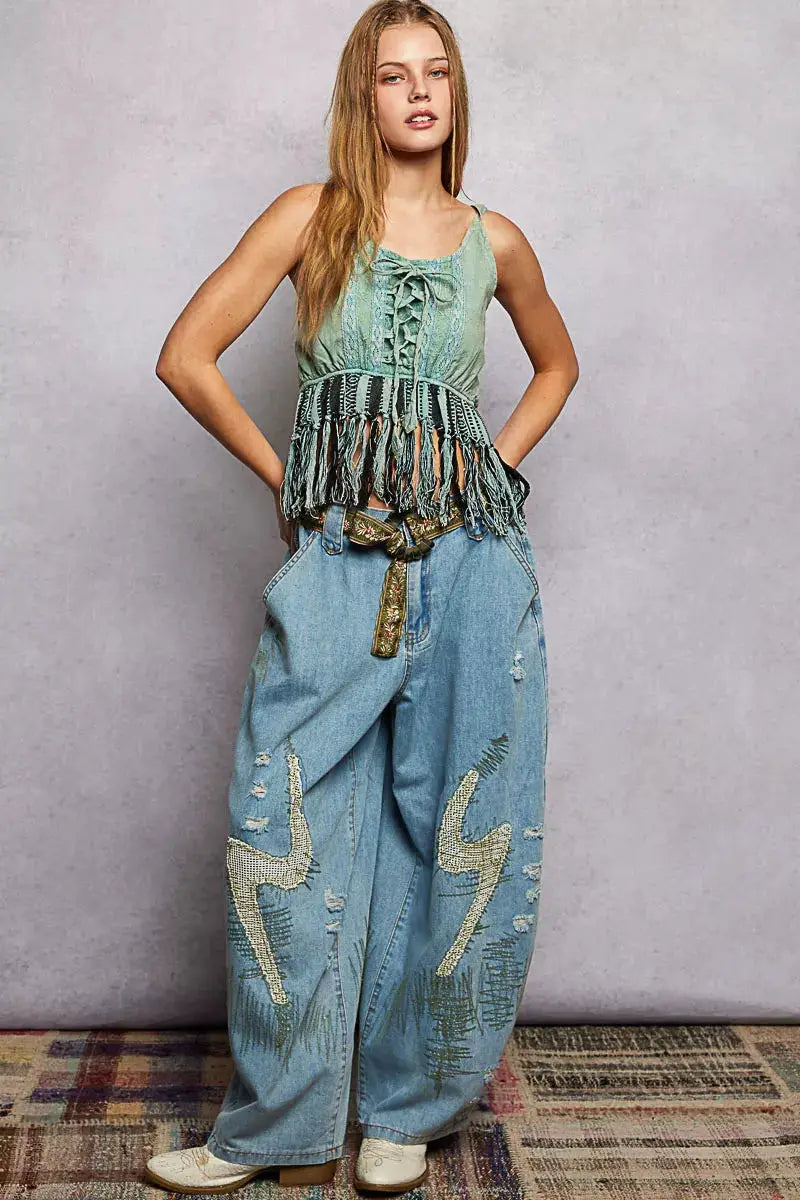 Lace-Up Fringe Hem Tank with Lace Detail | POL by Trendsi