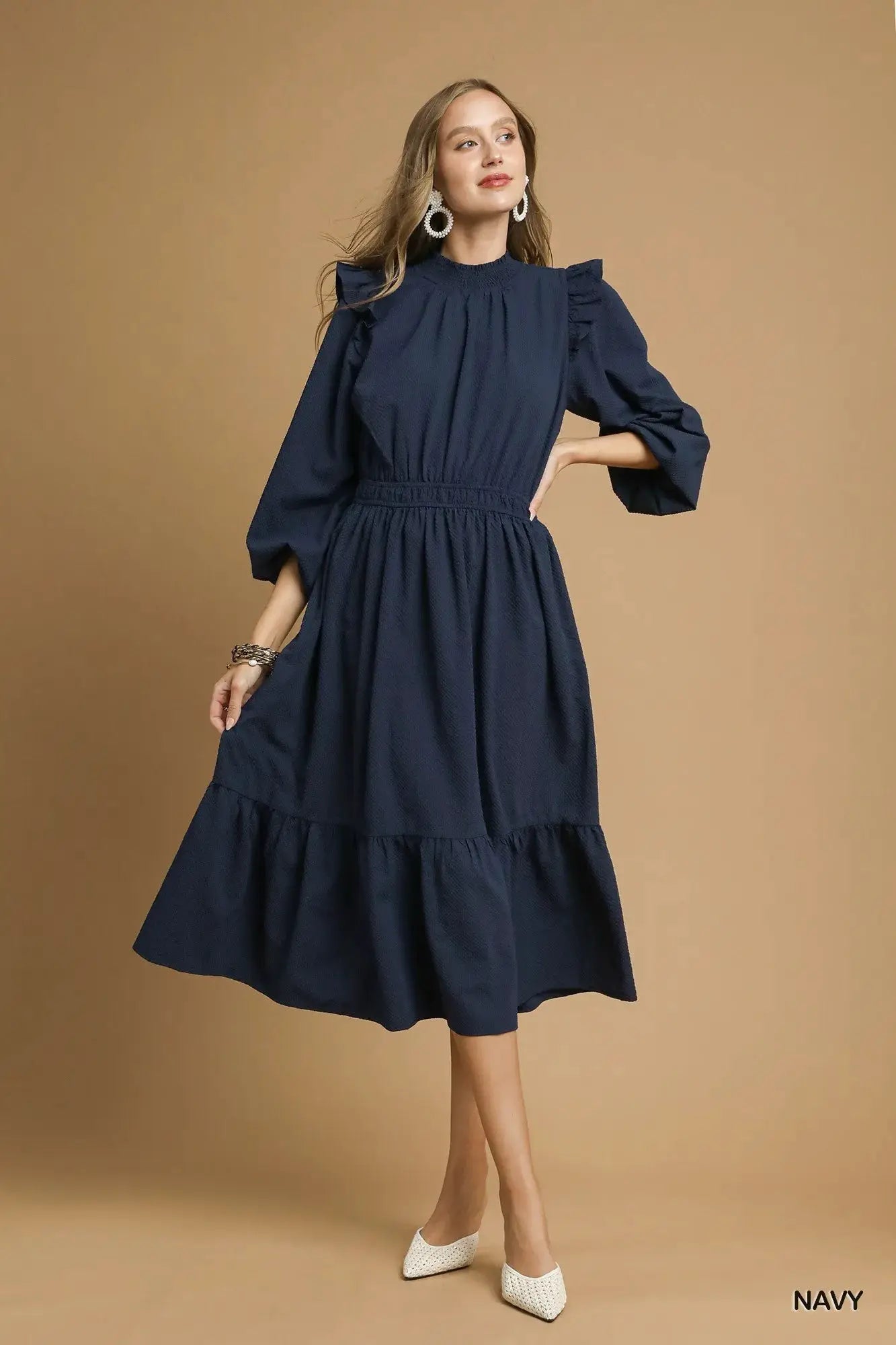 Textured Midi Dress with Ruffle Shoulder Detail | Umgee by Trendsi