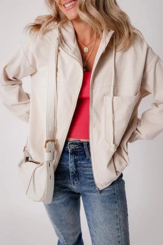 Solid Corduroy Zip-Up Pocketed Hooded Jacket by JUNIPER BLVD