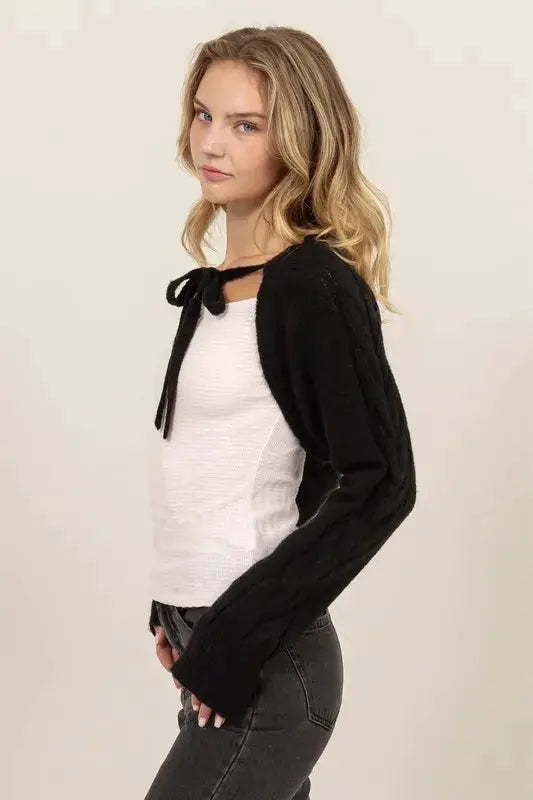Cable-Knit Tie-Front Shrug | HYFVE by Trendsi