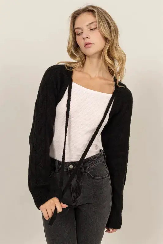 Cable-Knit Tie-Front Shrug | HYFVE by Trendsi