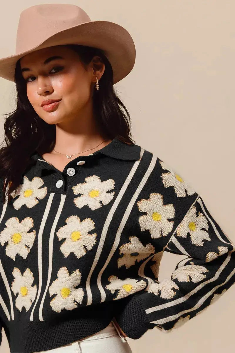Floral Stripe Polo Collar Sweater | SO ME by Trendsi