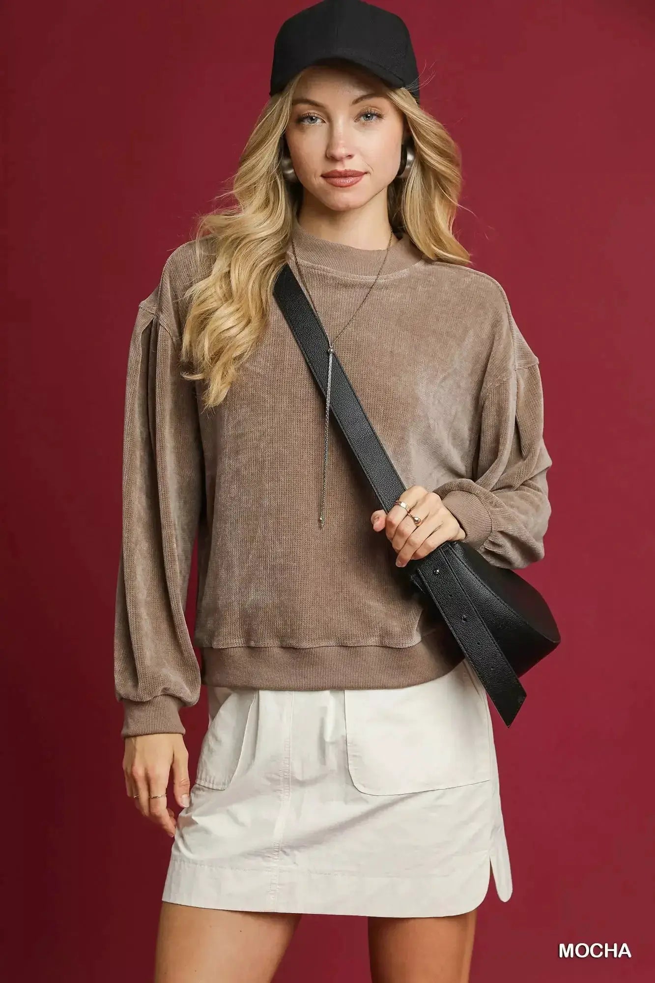 Velour Crewneck Balloon Sleeve Sweatshirt | Umgee by Trendsi