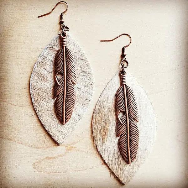 Leather Oval Earrings in Hair with Copper Feather by The Jewelry Junkie