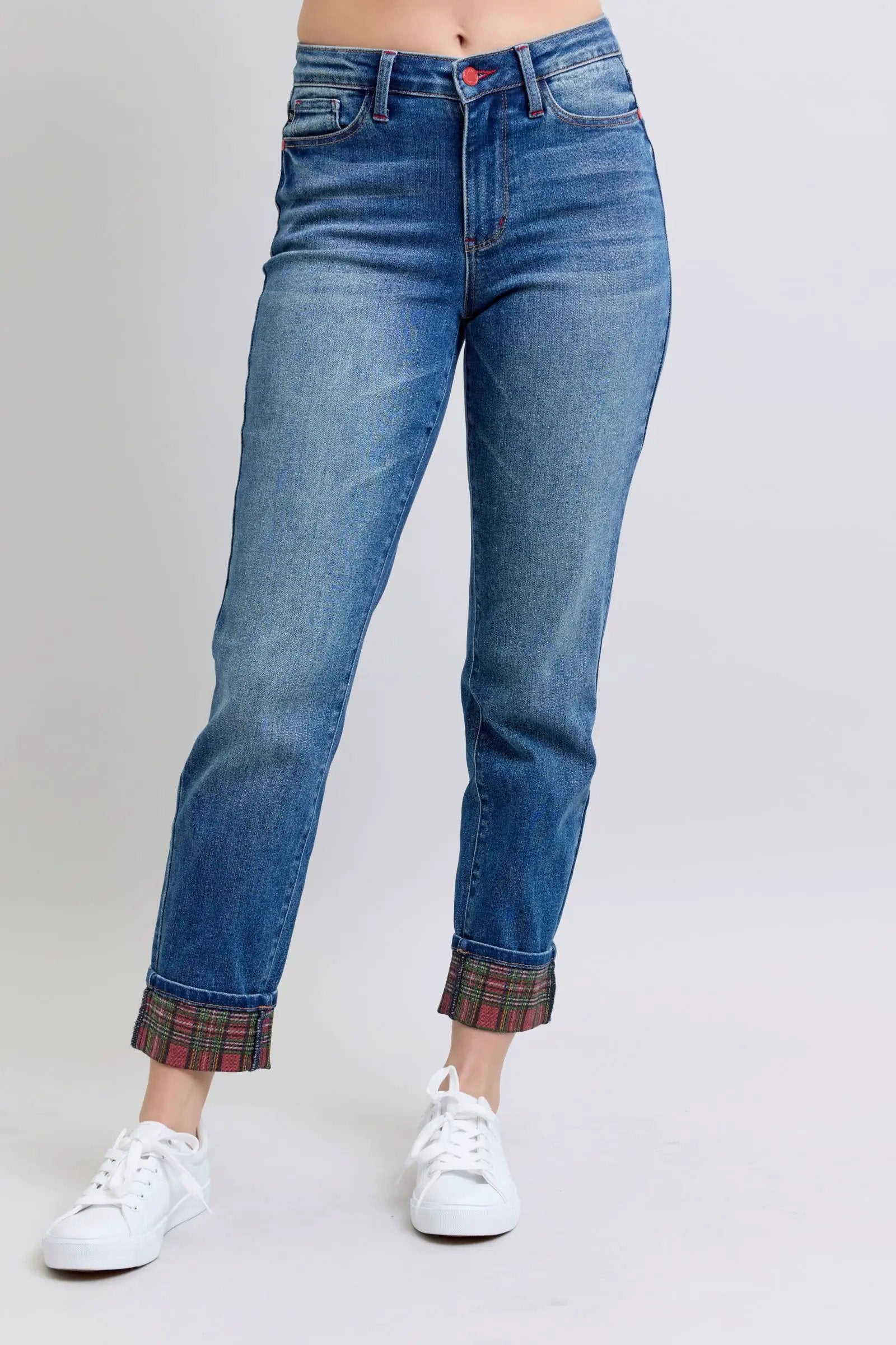 Full Size Plaid Print Cuff Straight Leg Jeans with Pockets | Judy Blue by Trendsi