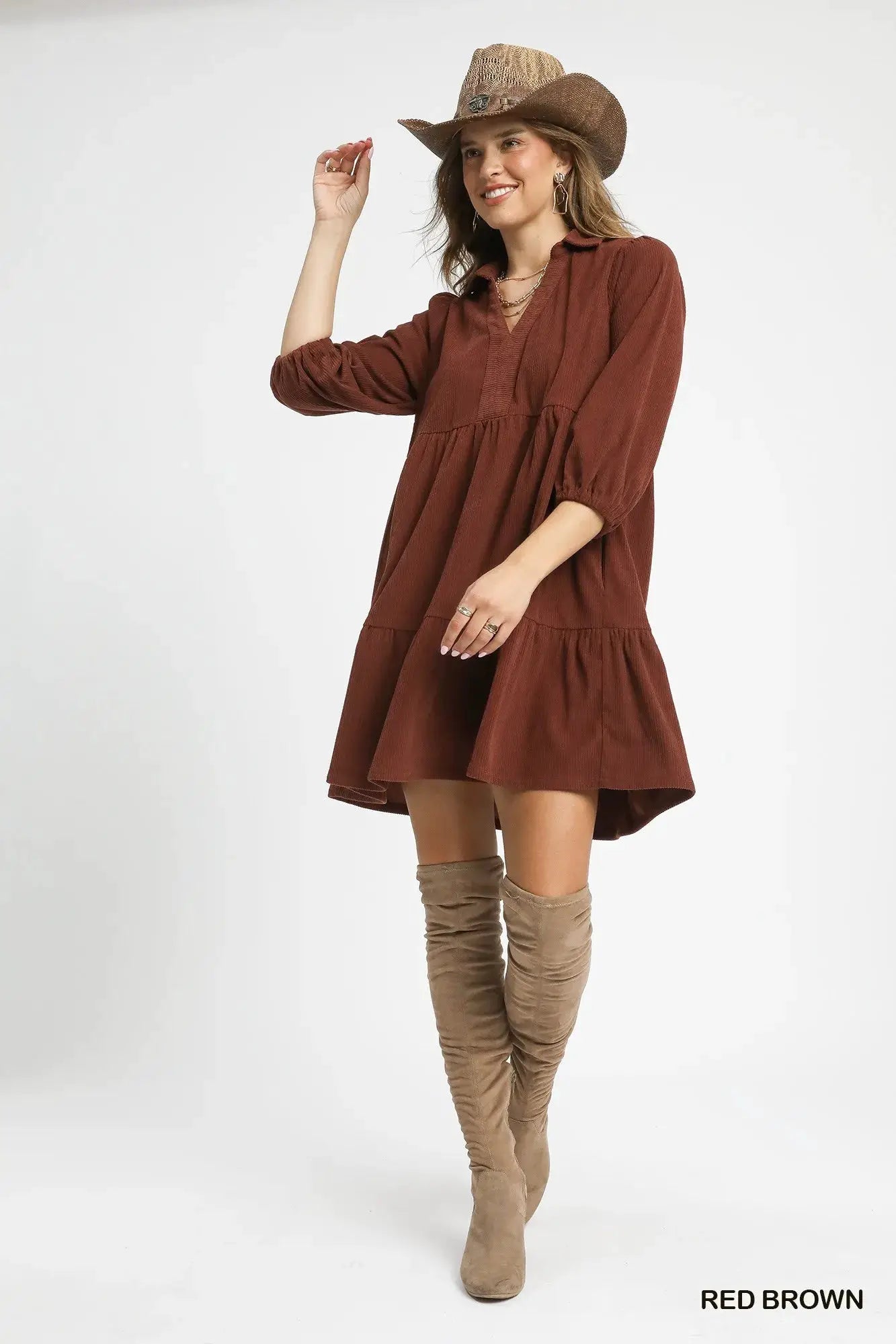 Tiered Corduroy Mini Dress with Balloon Sleeves | Umgee by Trendsi