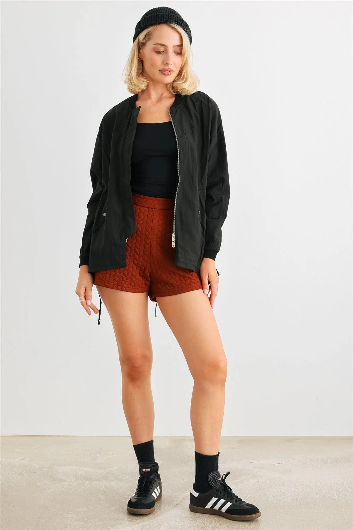 Black Two-Way Zipper Drawstring Waist & Hem Coach Jacket