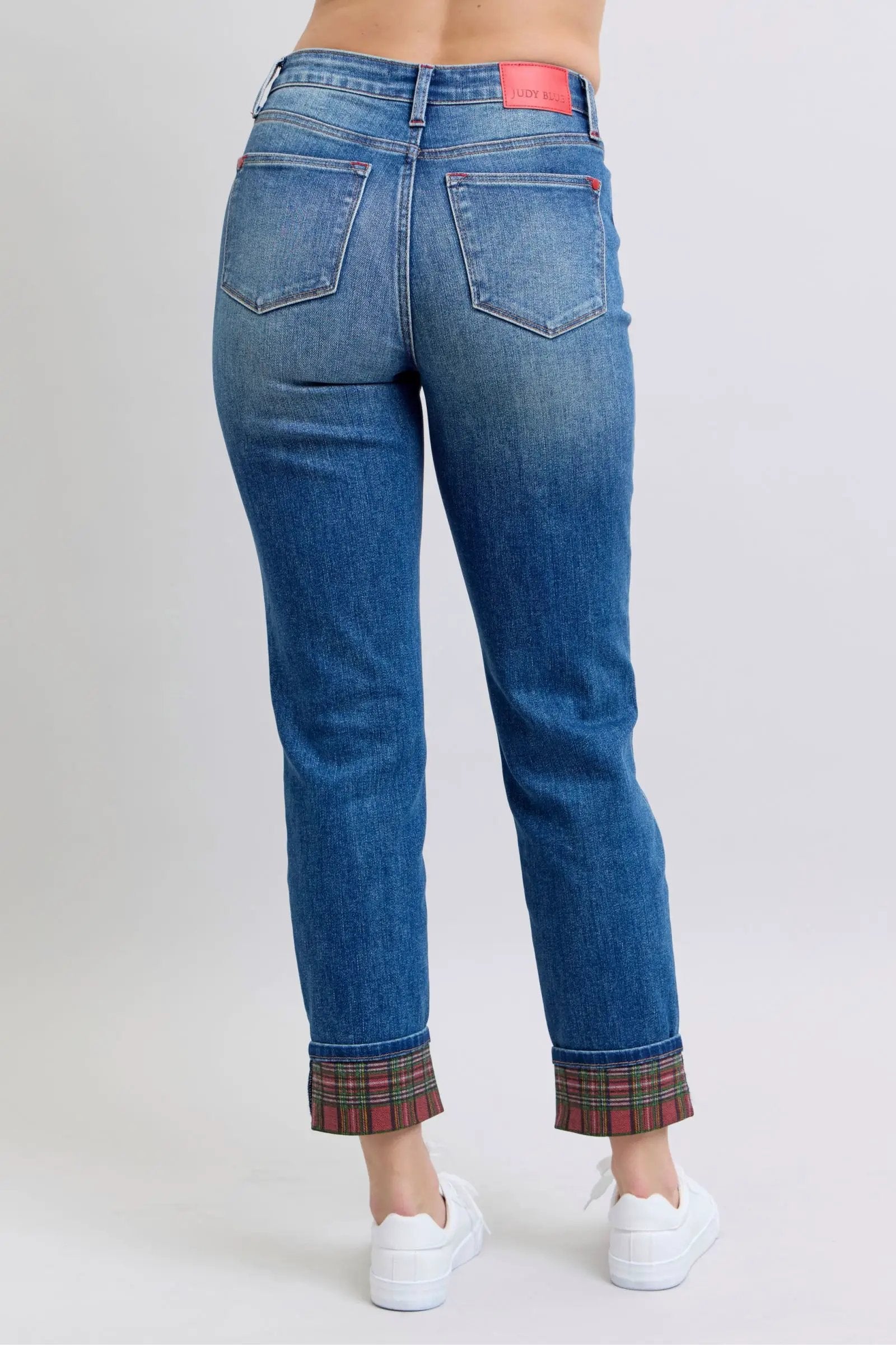 Full Size Plaid Print Cuff Straight Leg Jeans with Pockets | Judy Blue by Trendsi