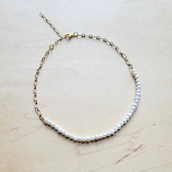 Genuine Pearl Necklace w/ Gold Chain Accent by The Jewelry Junkie