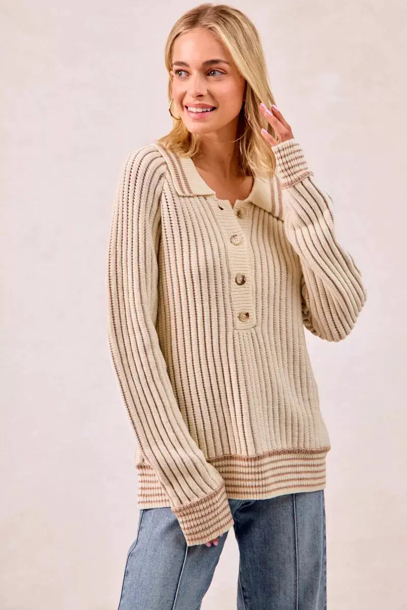 Half Button Ribbed Two Tone Sweater | BiBi by Trendsi