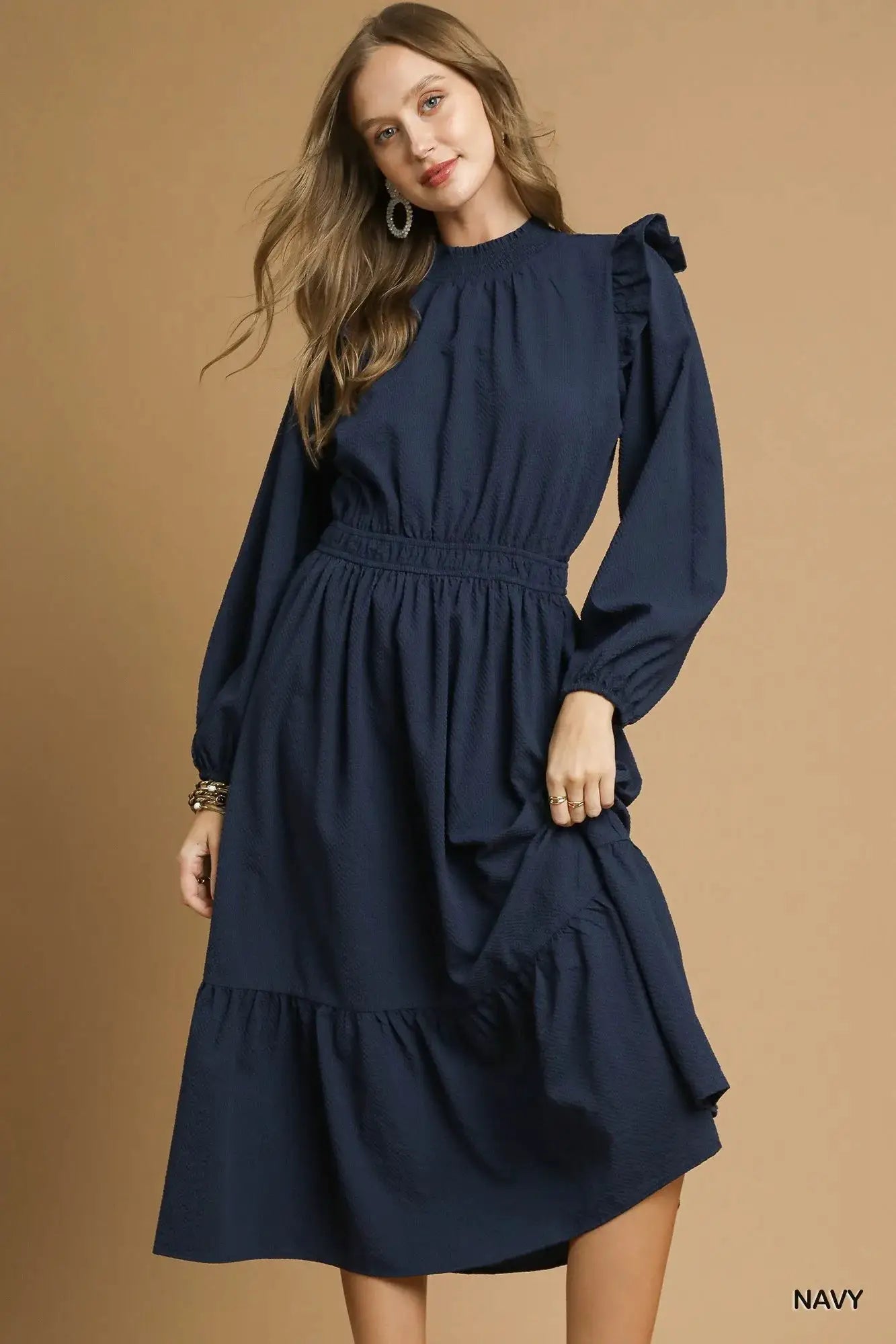 Textured Midi Dress with Ruffle Shoulder Detail | Umgee by Trendsi
