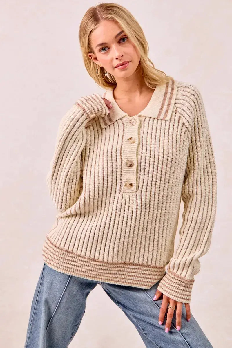 Half Button Ribbed Two Tone Sweater | BiBi by Trendsi