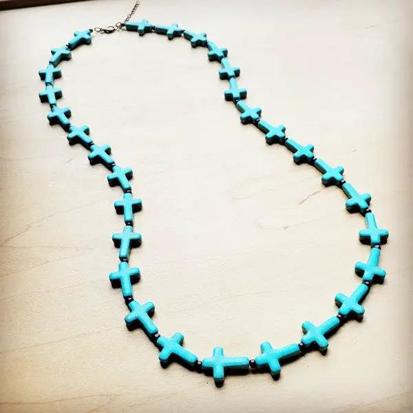 Blue Turquoise & Wood Beaded Cross Necklace by The Jewelry Junkie