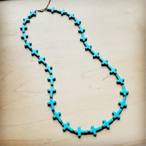 Blue Turquoise & Wood Beaded Cross Necklace by The Jewelry Junkie
