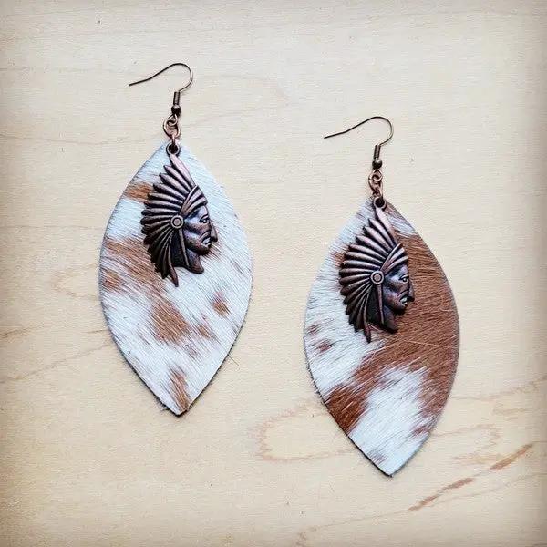 Tan & White Leather Hide Earrings w/ Indian by The Jewelry Junkie