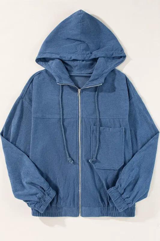 Solid Corduroy Zip-Up Pocketed Hooded Jacket by JUNIPER BLVD