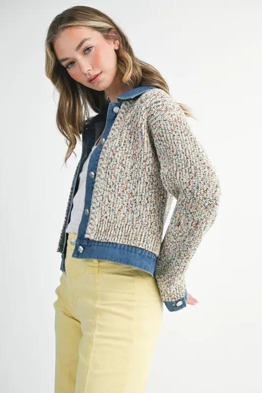 Multicolor Knit Button-Up Jacket With Denim Trim | Aemi + Co by Aemi + Co