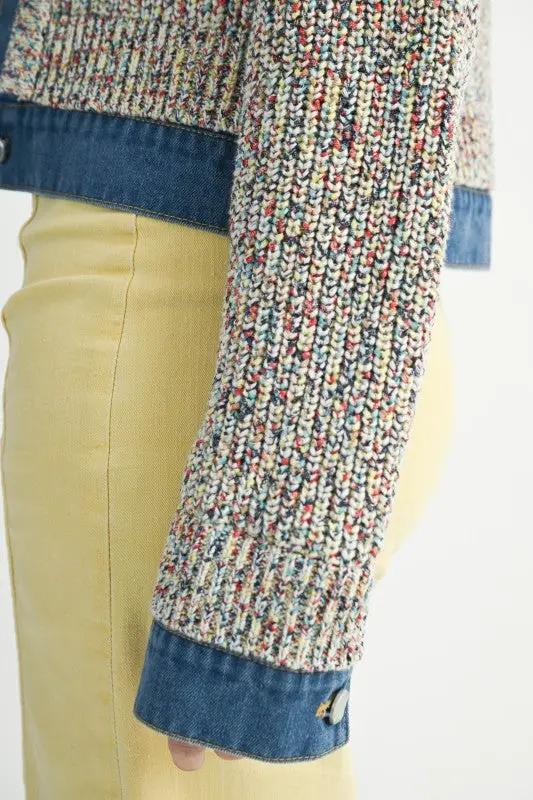 Multicolor Knit Button-Up Jacket With Denim Trim | Aemi + Co by Aemi + Co