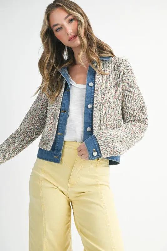 Multicolor Knit Button-Up Jacket With Denim Trim | Aemi + Co by Aemi + Co