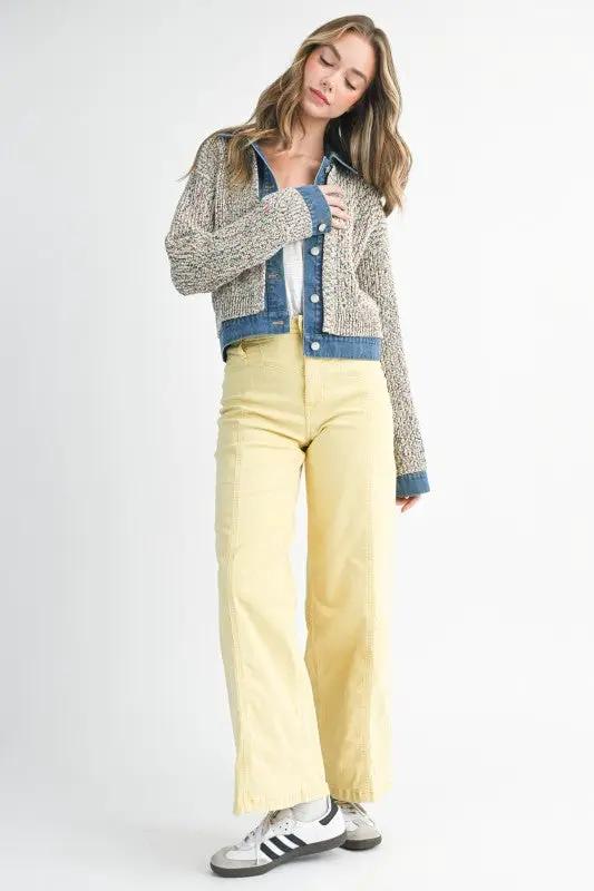 Multicolor Knit Button-Up Jacket With Denim Trim | Aemi + Co by Aemi + Co