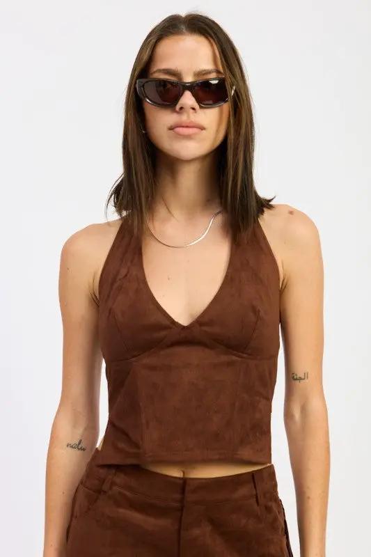 SUEDE HALTER TOP WITH BACK ZIPPER | Emory Park by Emory Park