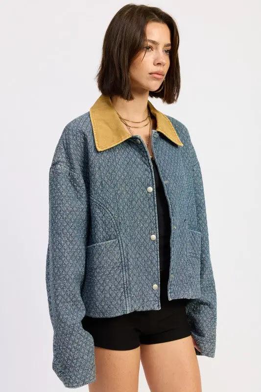 WOOL TWEED SNAP JACKET WITH CONTRASTED COLLAR | Emory Park by Emory Park