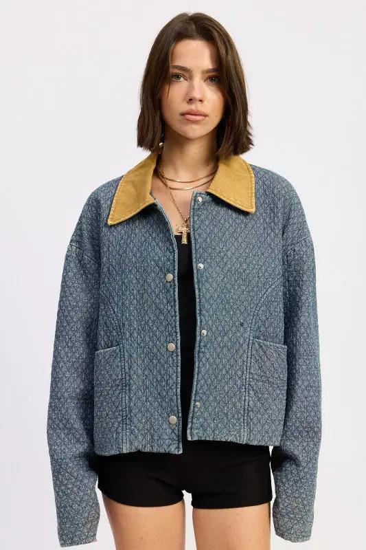 WOOL TWEED SNAP JACKET WITH CONTRASTED COLLAR | Emory Park by Emory Park