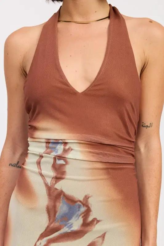 PRINTED MAXI HALTER DRESS WITH NECK TIE | Emory Park by Emory Park