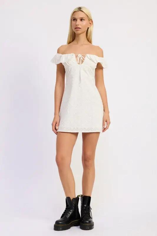 Off Shoulder Embroidered Mini Dress | Emory Park by Emory Park