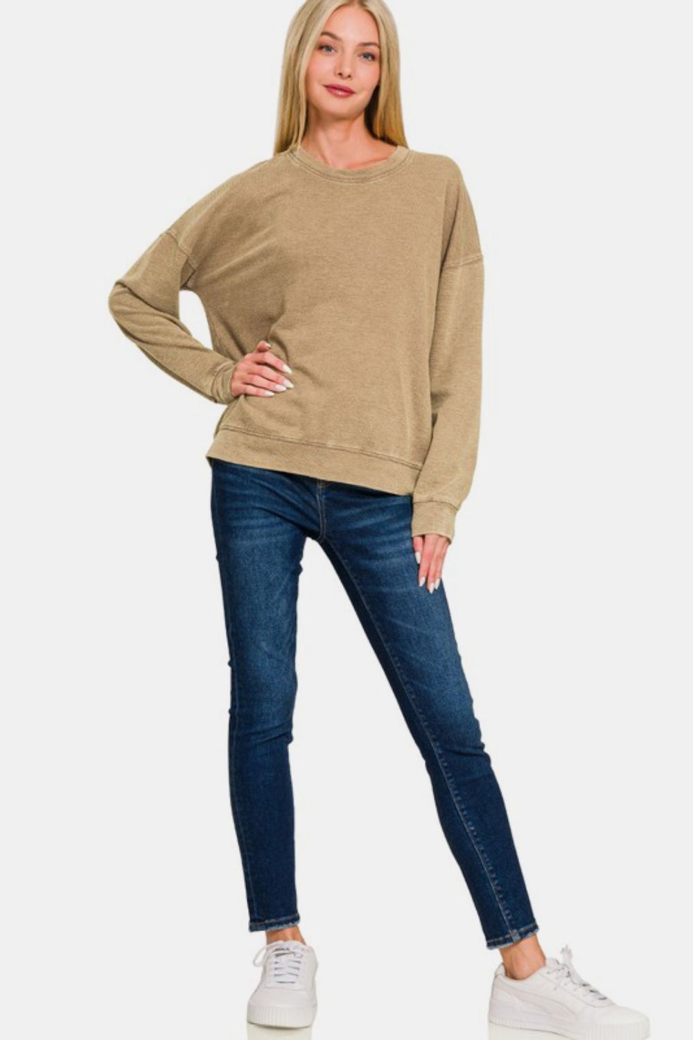 Washed Round Neck Dropped Shoulder Sweatshirt | Zenana