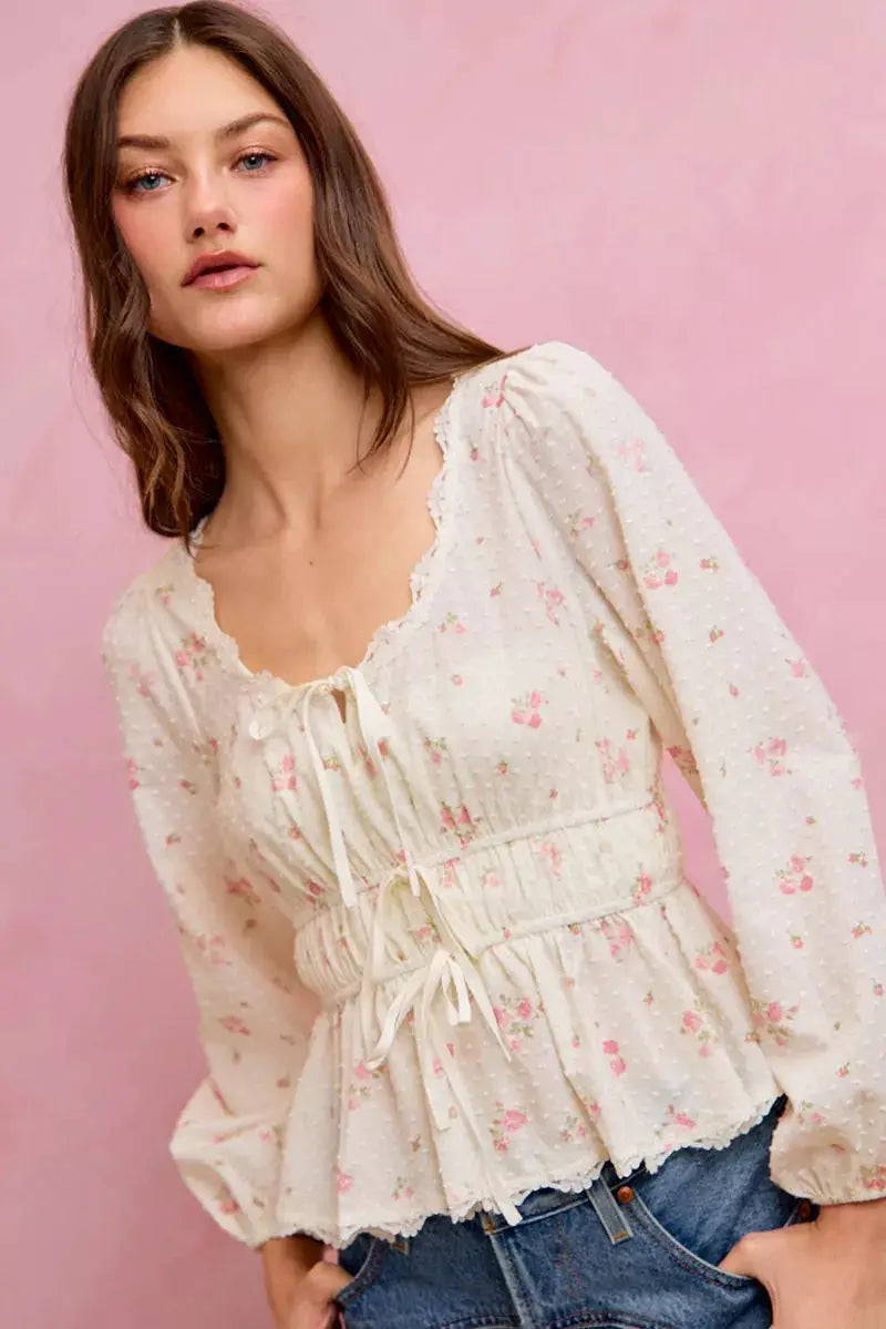 SO ME Floral Clip Dot Lace Trim Ruched Bodice Blouse by Trendsi