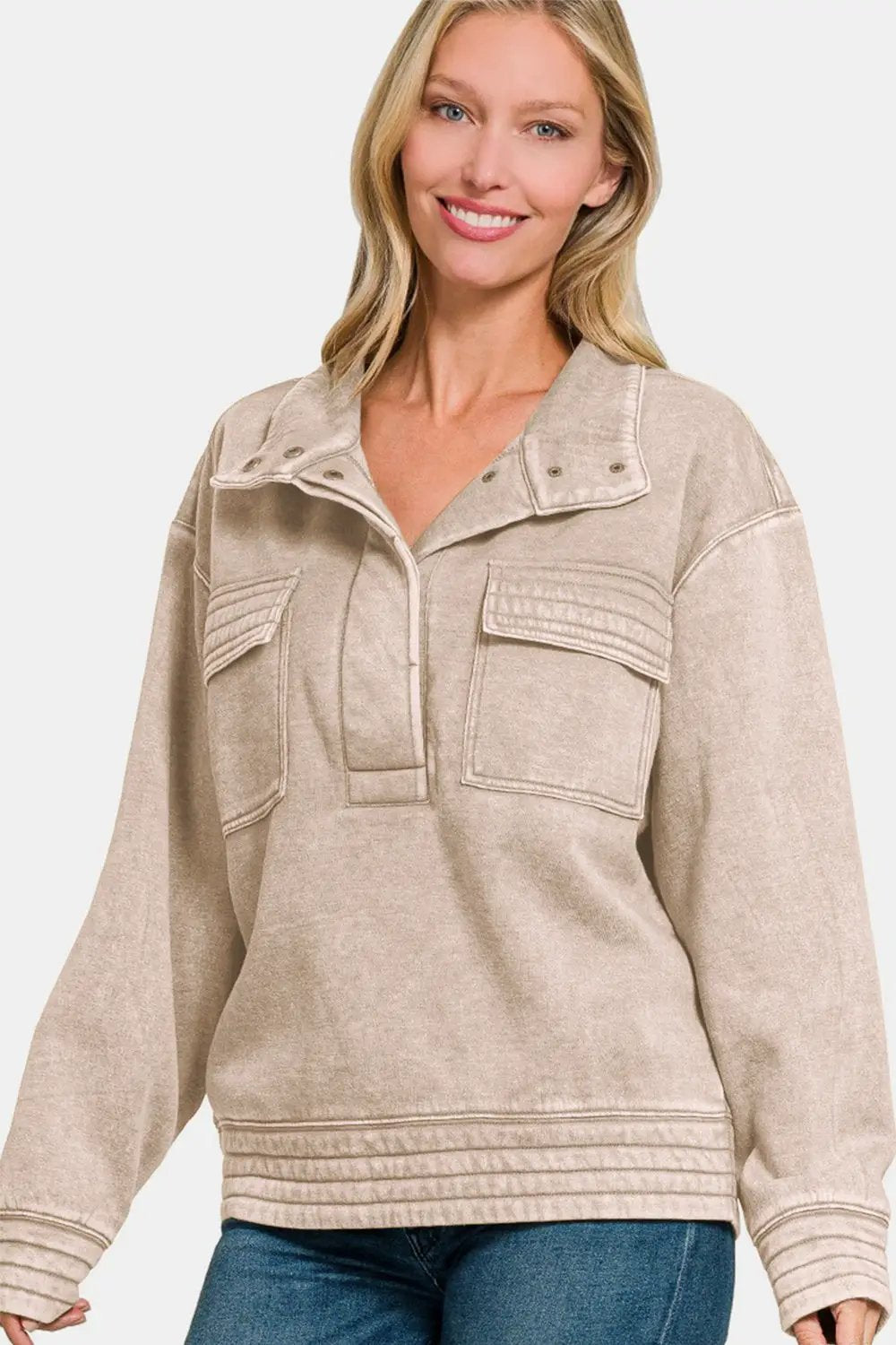 Acid Washed Half Snap Fleece Sweatshirt | Zenana by Trendsi
