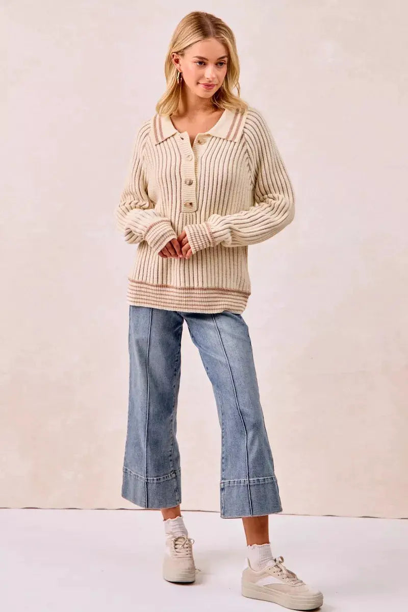 Half Button Ribbed Two Tone Sweater | BiBi by Trendsi