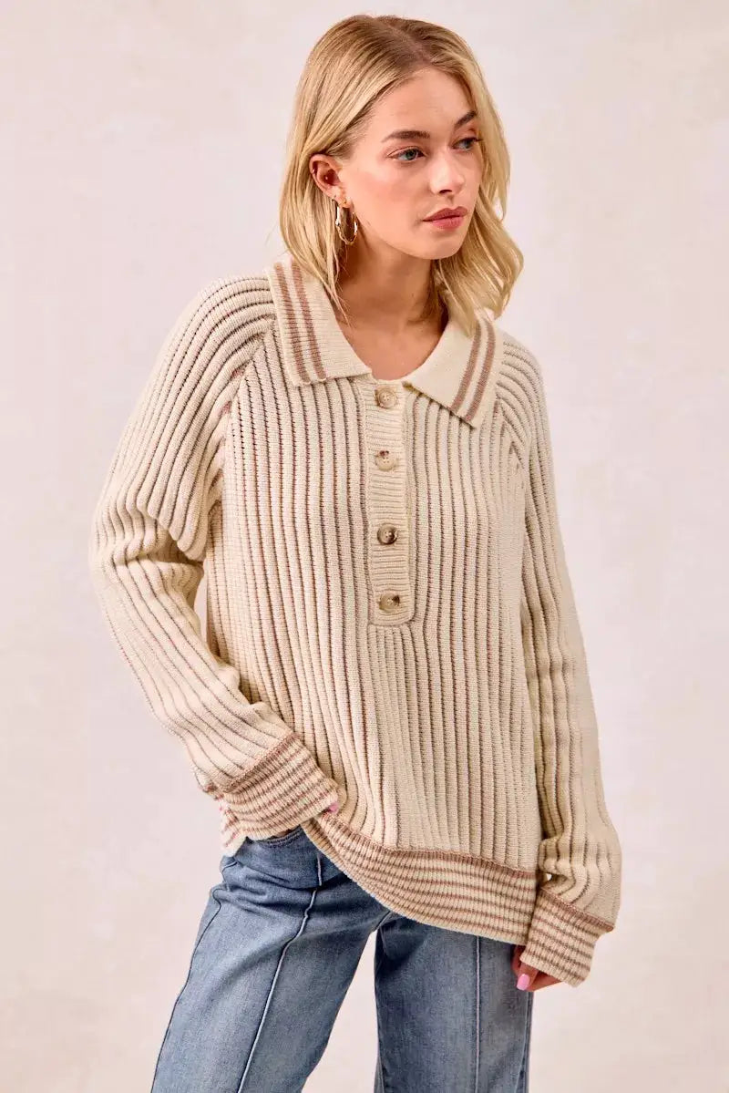 Half Button Ribbed Two Tone Sweater | BiBi by Trendsi