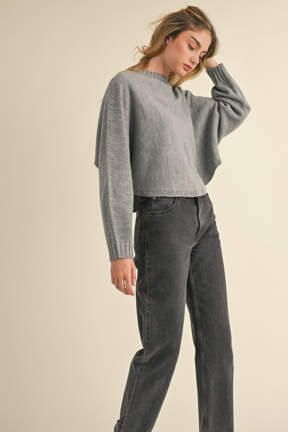 Round Neck Dolman Sleeve Cropped Sweater | MABLE