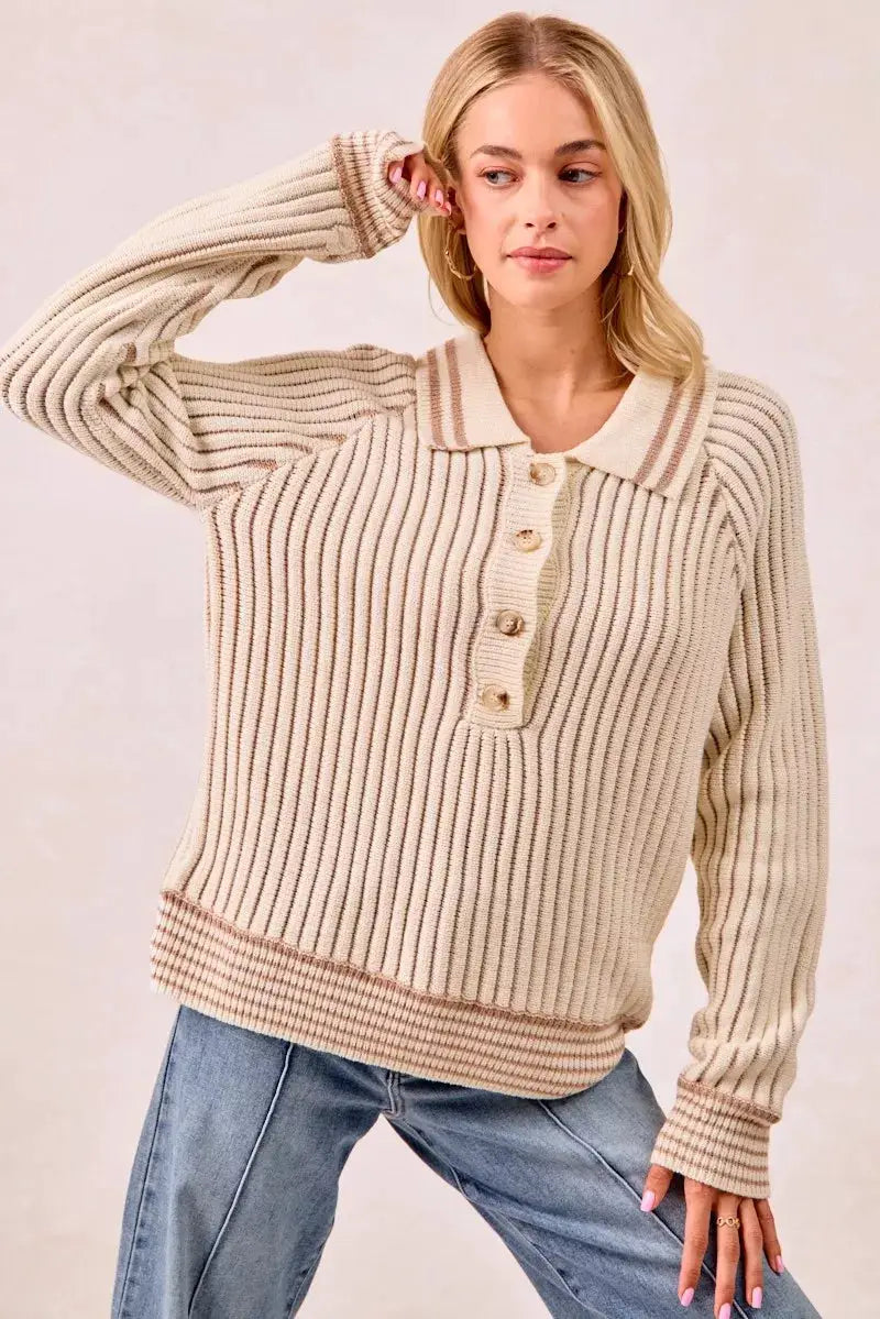 Half Button Ribbed Two Tone Sweater | BiBi by Trendsi