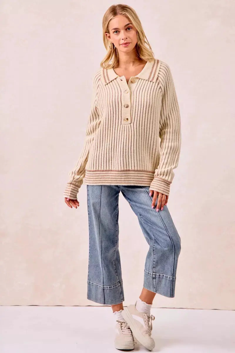 Half Button Ribbed Two Tone Sweater | BiBi by Trendsi