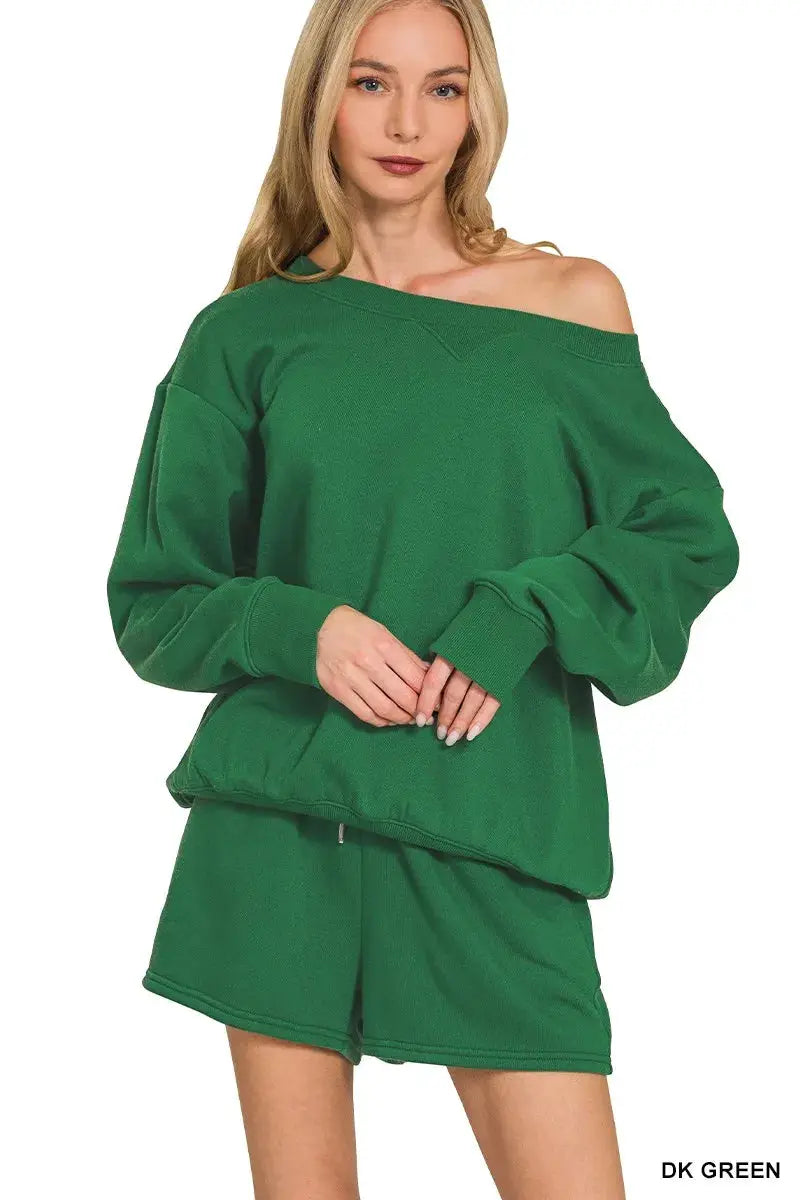 Fleece Boat Neck Sweatshirt and Shorts Set | Zenana by Trendsi