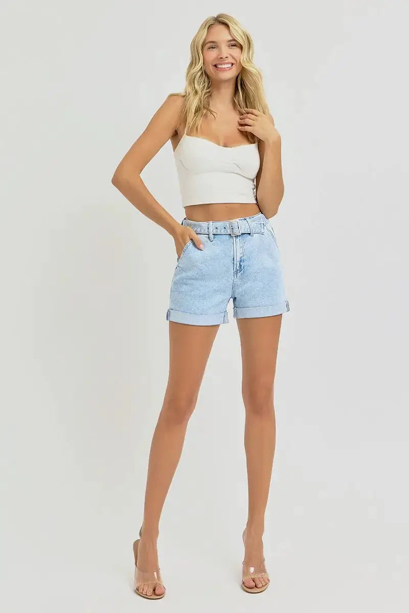 Full Size High Rise Belted Roll Up Shorts Plus | RISEN by Trendsi