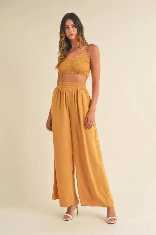Smocked Bralette Crop Top & Wide-Leg Pants Set | MABLE by Trendsi