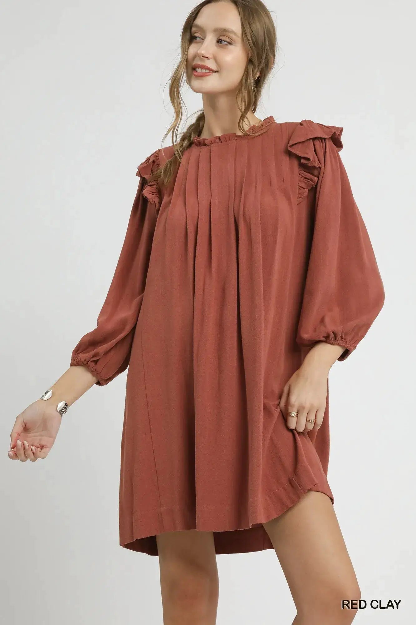 Linen Ruffle Shoulder Pleated Babydoll Dress | Umgee by Trendsi