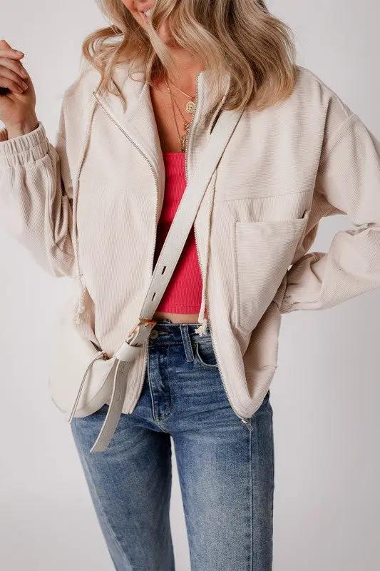 Solid Corduroy Zip-Up Pocketed Hooded Jacket by JUNIPER BLVD