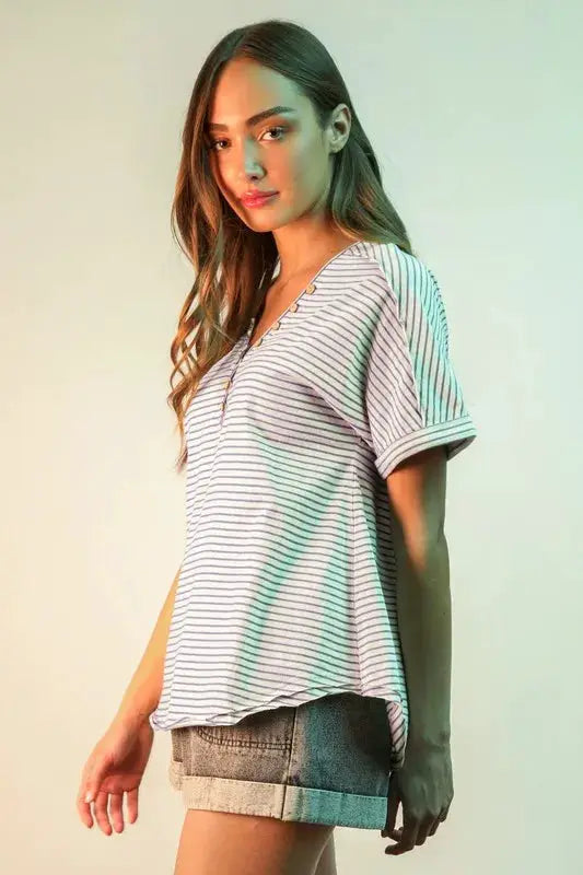 Striped V-Neck Short Sleeve T-Shirt | VERY J by Trendsi