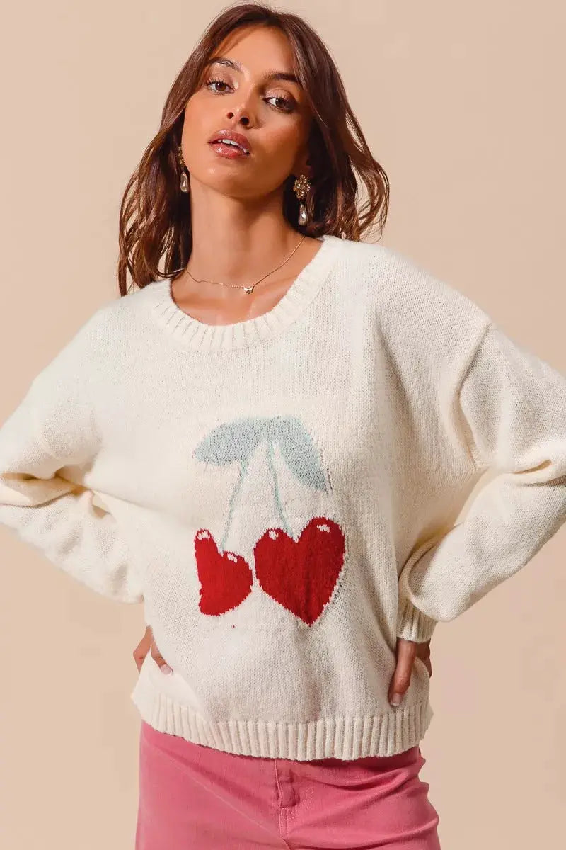 Heart Cherry Knitted Valentine Sweater Top | SO ME by Trendsi