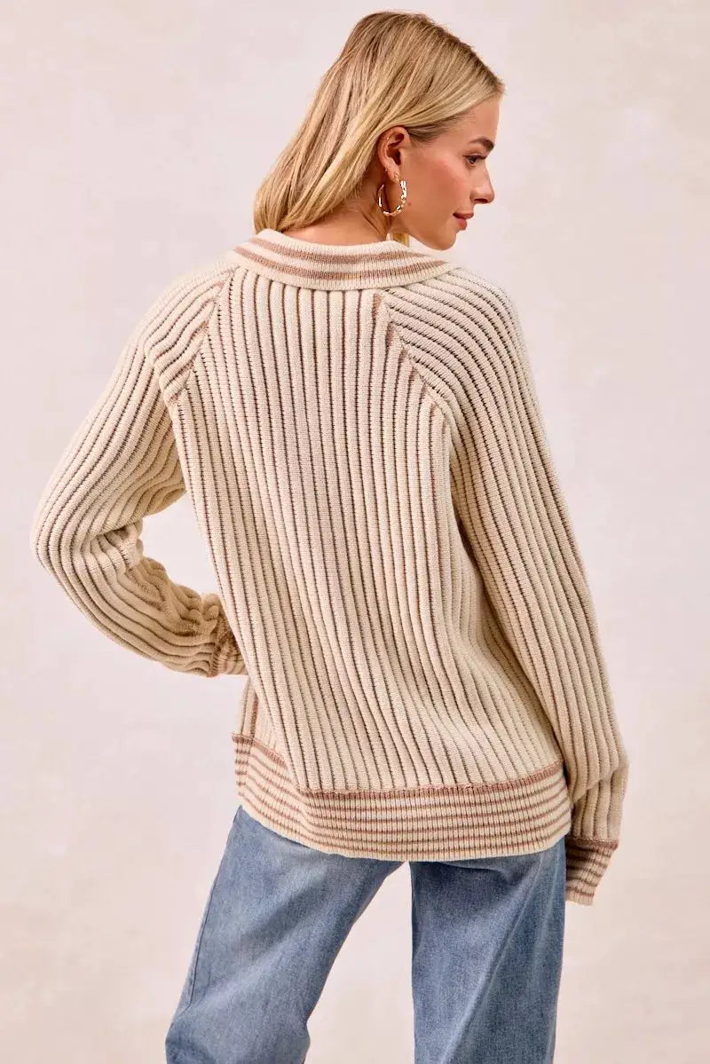 Half Button Ribbed Two Tone Sweater | BiBi by Trendsi
