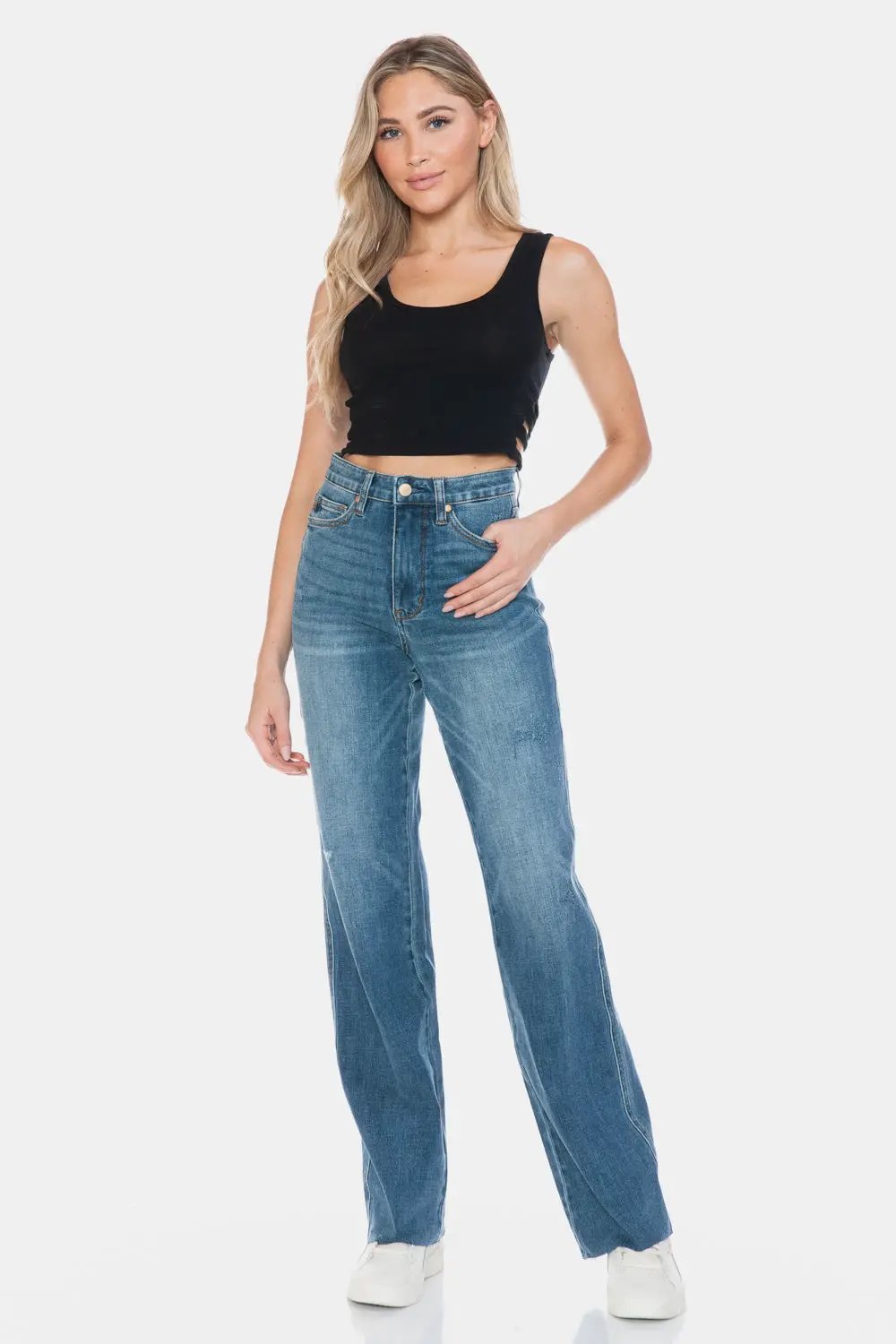 Full Size Tummy Control Cut Raw Hem Straight Jeans | Judy Blue by Trendsi