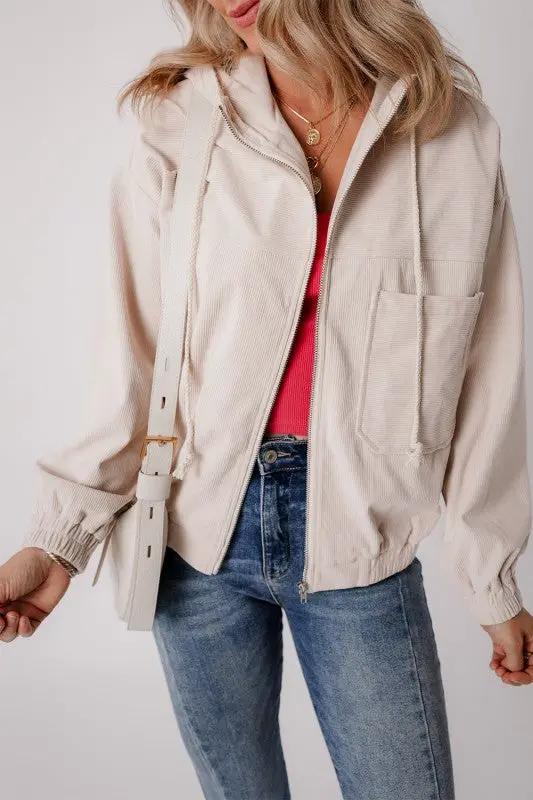 Solid Corduroy Zip-Up Pocketed Hooded Jacket by JUNIPER BLVD