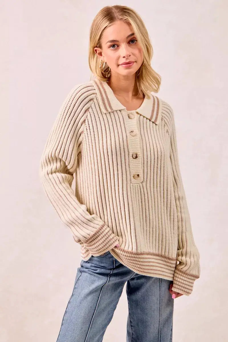 Half Button Ribbed Two Tone Sweater | BiBi by Trendsi